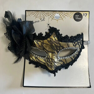 Black and Gold Lace and Feathered Face Mask